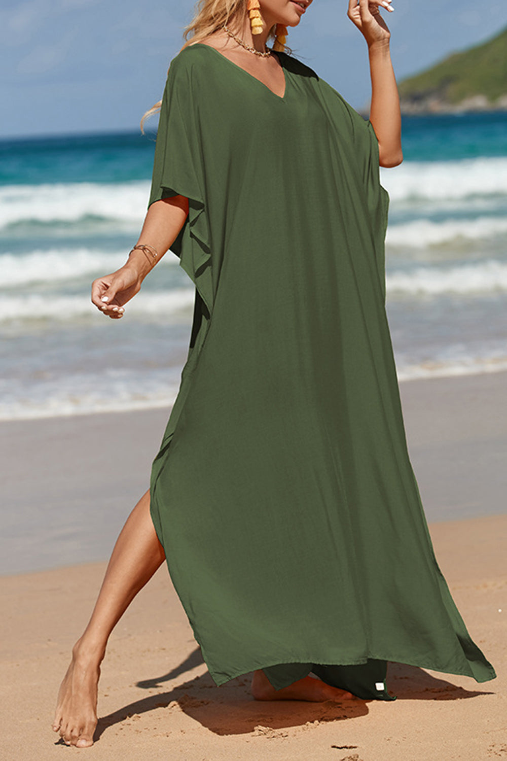 Slit V-Neck Half Sleeve Cover-Up - T - 5 COLORS -