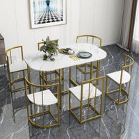 Thumbnail for Modern 7-Piece Dining Table Set With Faux Marble Compact 55Inch Kitchen Table Set for 6, Golden+White