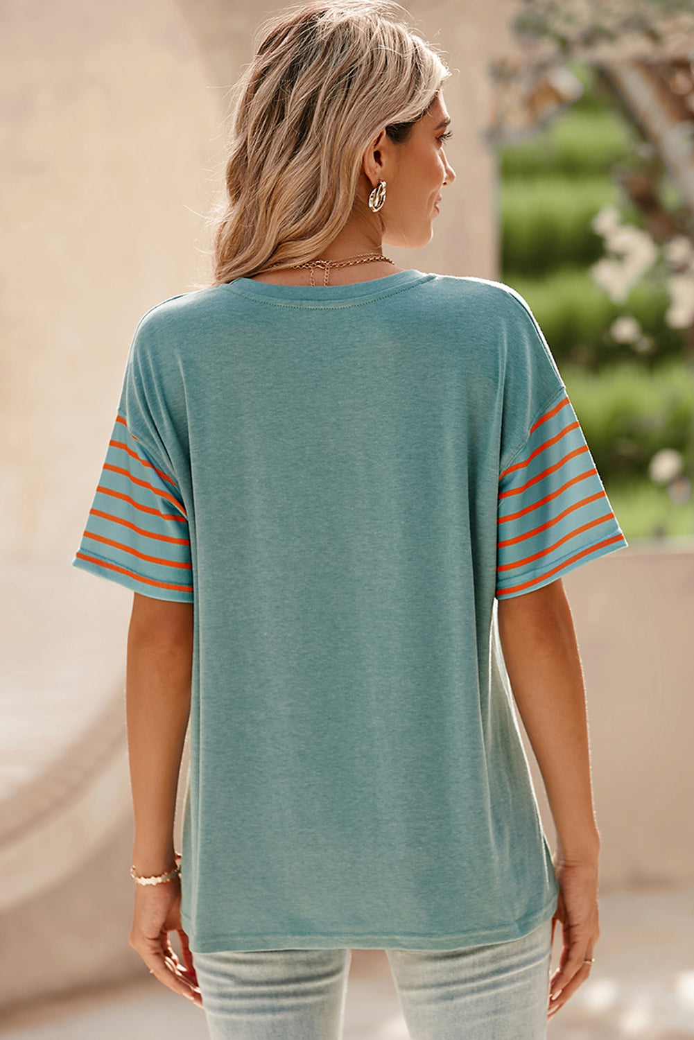 Striped Round Neck Short Sleeve T-Shirt - T - 6 COLORS -