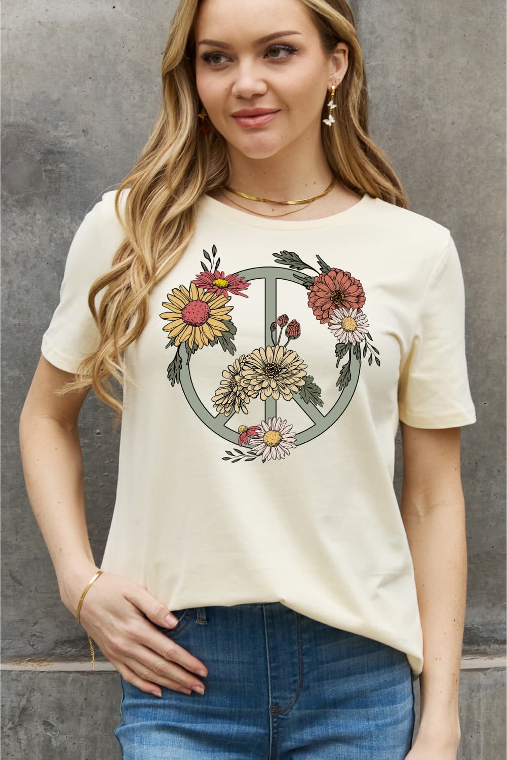 Simply Love Full Size Flower Peace sign Graphic Cotton Tee - T - 2 COLORS -