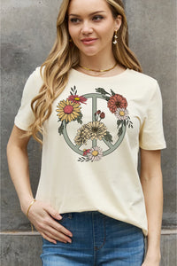 Thumbnail for Simply Love Full Size Flower Peace sign Graphic Cotton Tee - T - 2 COLORS -