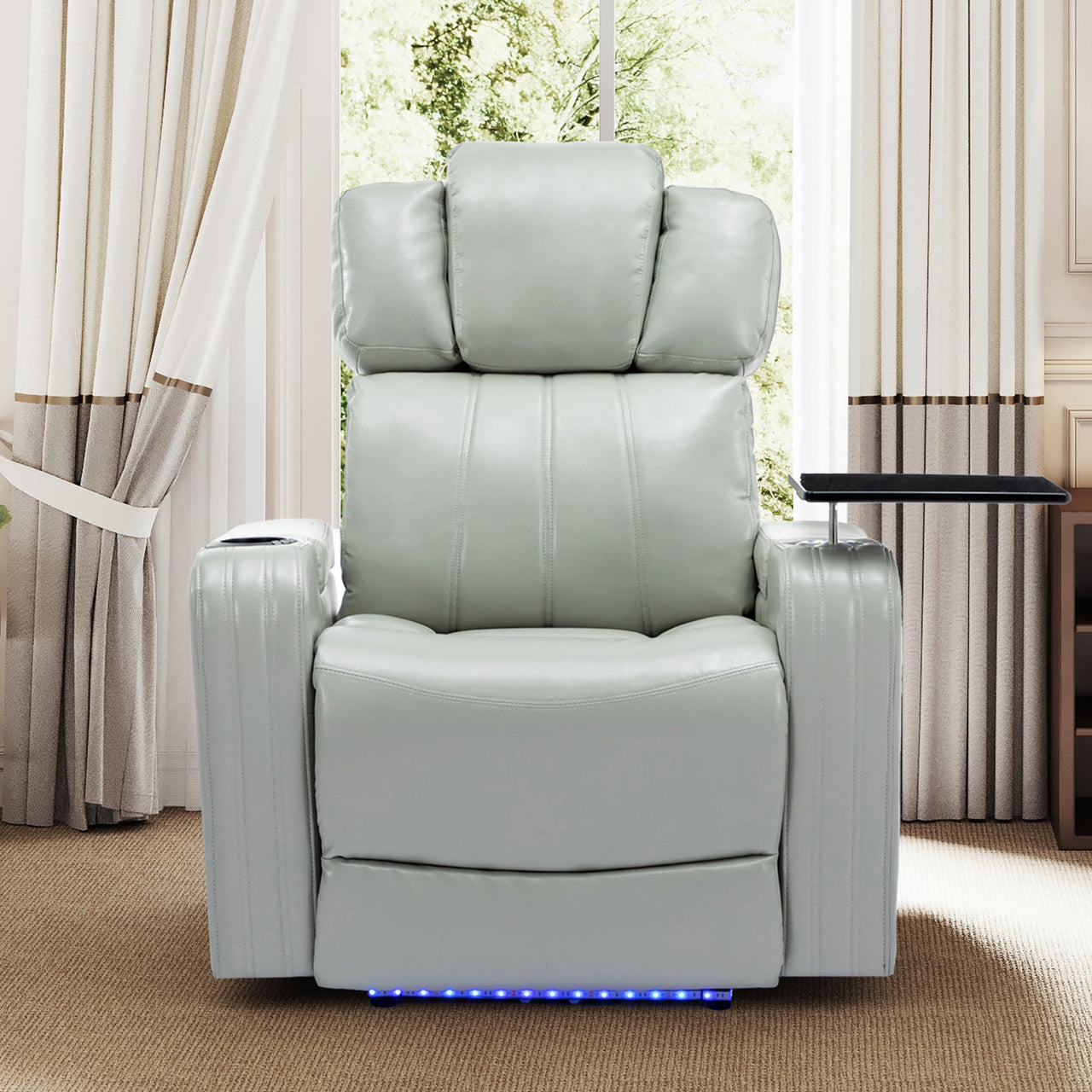 PU Leather Power Recliner Individual Seat Home Theater Recliner With Cooling Cup Holder, Bluetooth Speaker, LED Lights,