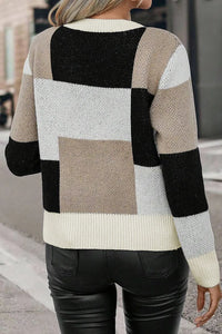 Thumbnail for Color Block Round Neck Long Sleeve Sweater - T - 1 COLOR -