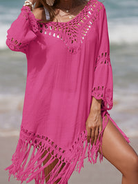 Thumbnail for Cutout Fringe Scoop Neck Cover-Up - 1 SIZE FITS ALL - T - 5 COLORS -