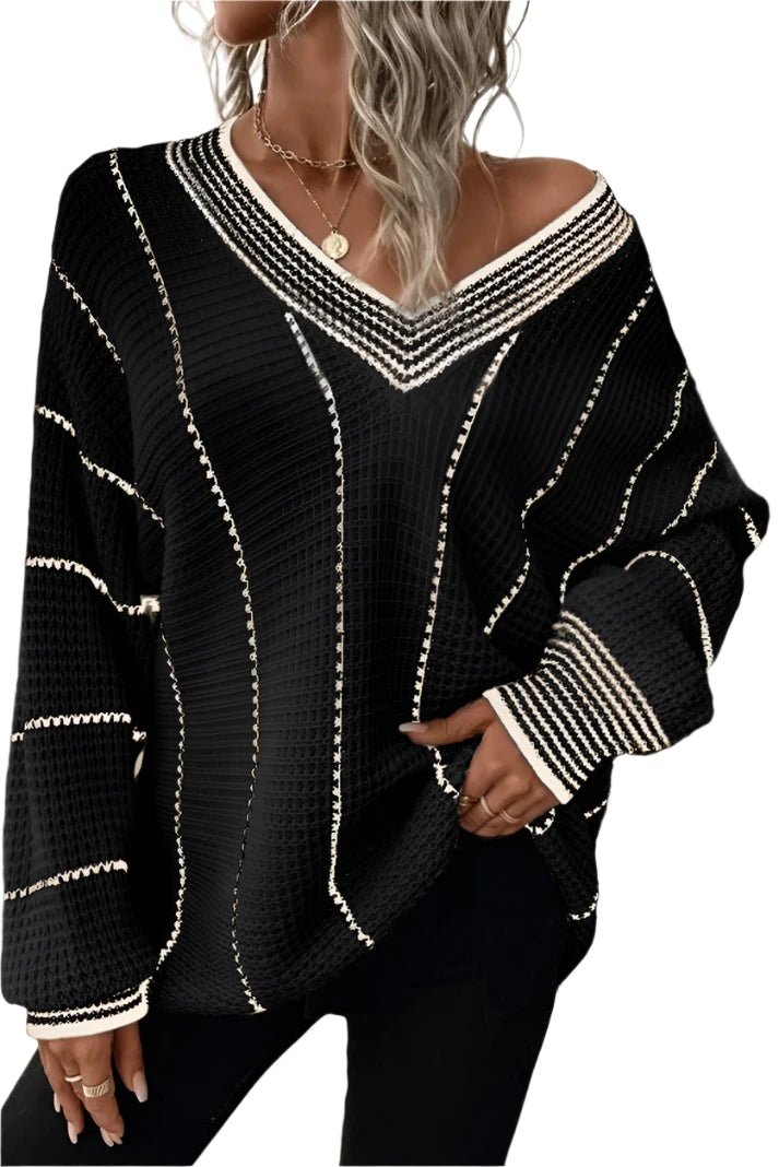 Striped V-Neck Long Sleeve Sweater - T - 1 COLOR -