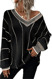 Thumbnail for Striped V-Neck Long Sleeve Sweater - T - 1 COLOR -