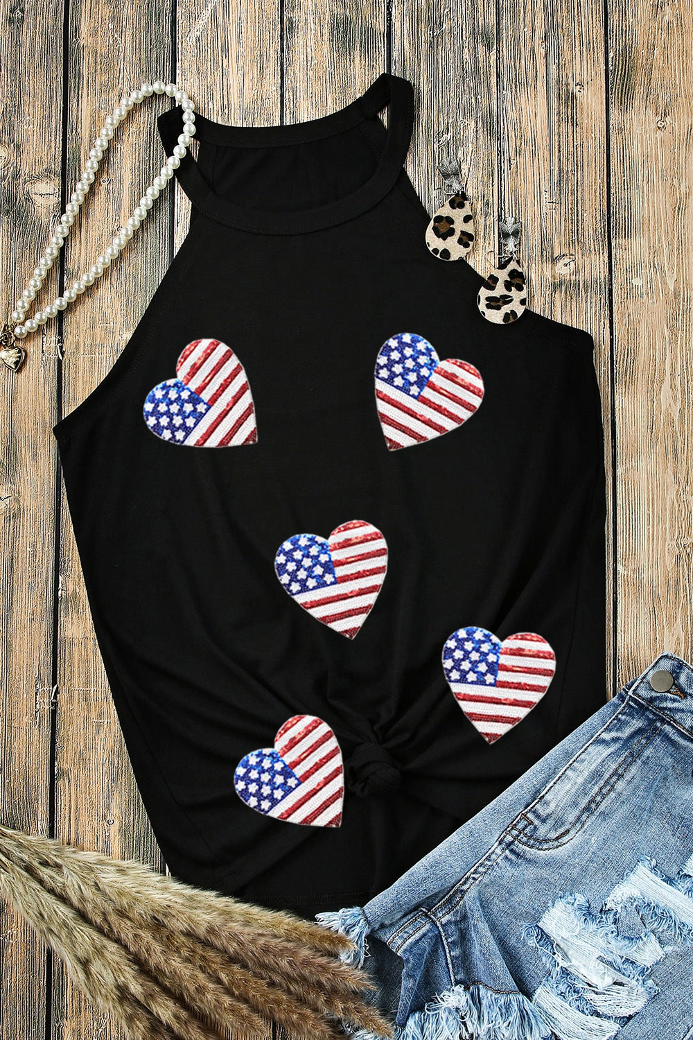 Heart US Flag Round Neck Tank - T - 1 COLOR -