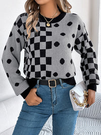 Thumbnail for Plaid Round Neck Long Sleeve Sweater - T - 3 COLORS -