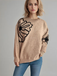 Thumbnail for Flower Round Neck Long Sleeve Sweater - T - 4 COLORS -