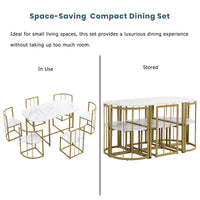 Thumbnail for Modern 7-Piece Dining Table Set With Faux Marble Compact 55Inch Kitchen Table Set for 6, Golden+White