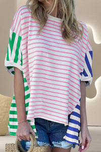 Thumbnail for Striped Round Neck Dropped Shoulder T-Shirt - T - 1 COLOR -