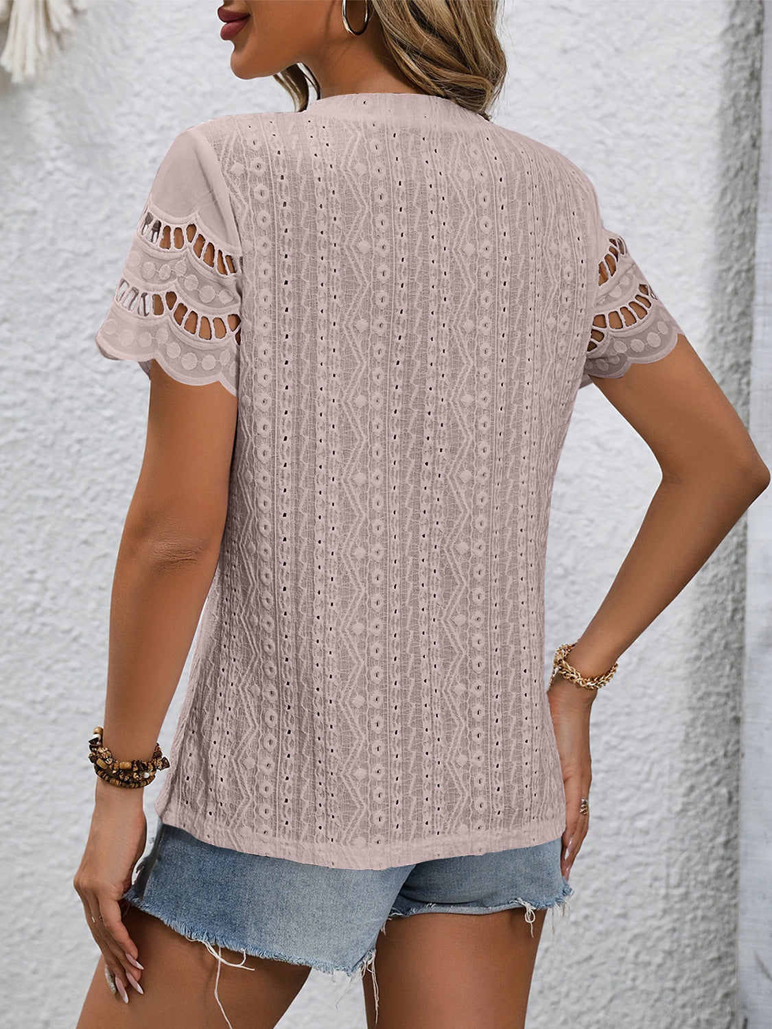 Full Size Eyelet Round Neck Short Sleeve Top - T - 11 COLORS -