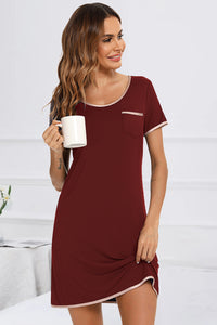 Thumbnail for Contrast Trim Pocketed Round Neck Lounge Dress - T - 4 COLORS -