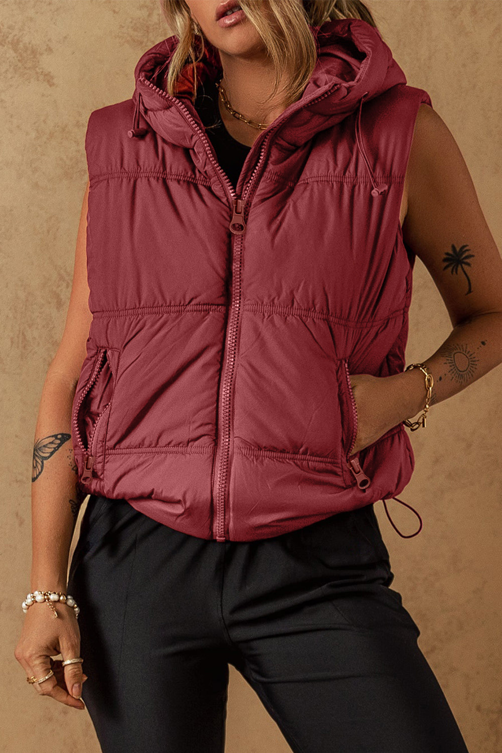 Drawstring Zip Up Hooded Vest Jacket - T - 1 COLOR -