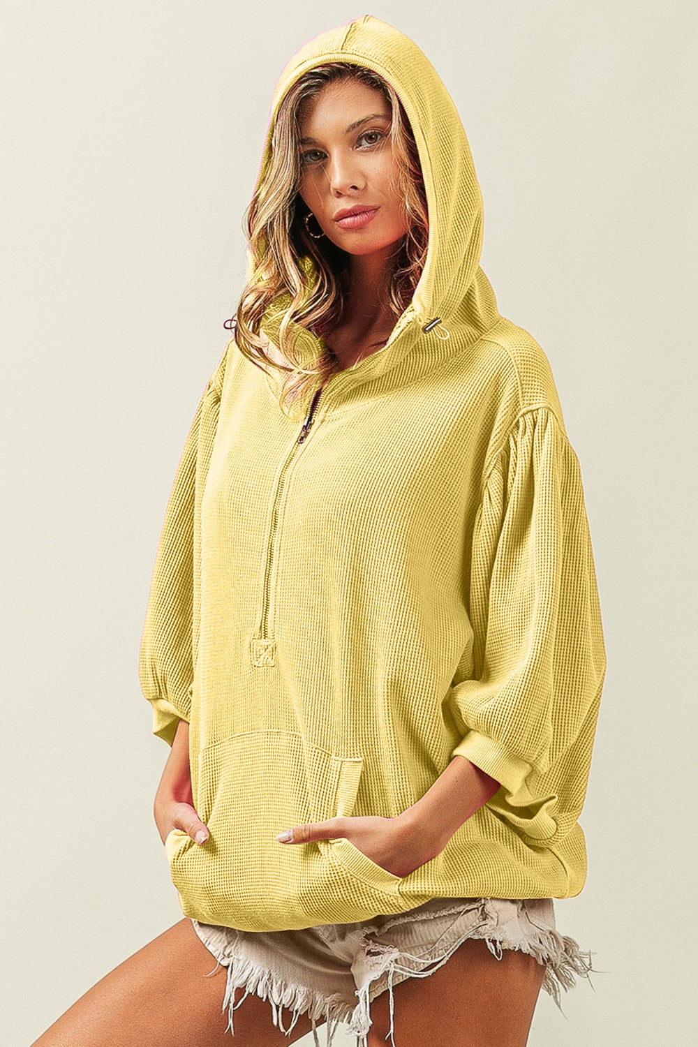 BiBi Waffle-Knit Half Zip Hooded Top - T - 1 COLOR -