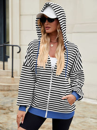 Thumbnail for Drawstring Striped Zip Up Long Sleeve Hoodie - T - 4 COLORS -