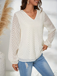 Thumbnail for Textured V-Neck Balloon Sleeve Blouse - T - 1 COLOR -