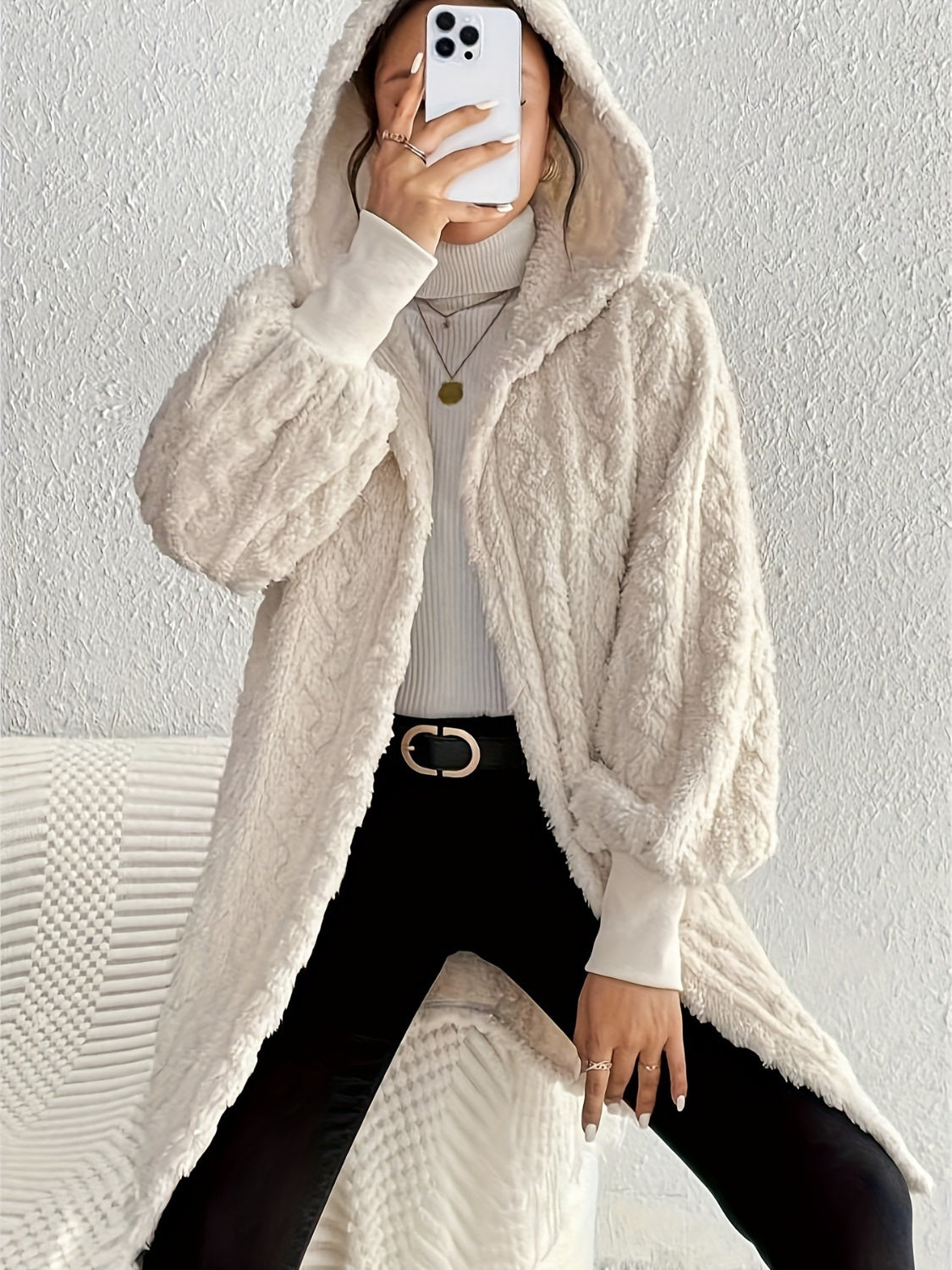 Open Front Long Sleeve Fuzzy Hooded Jacket - T - 1 COLOR -