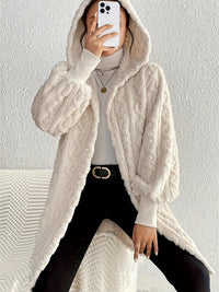 Thumbnail for Open Front Long Sleeve Fuzzy Hooded Jacket - T - 1 COLOR -