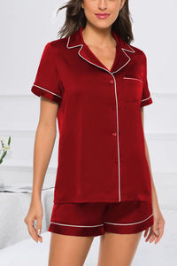 Thumbnail for Printed Button Up Short Sleeve Top and Shorts Lounge Set - 2 PCS. - T - 10 COLORS -