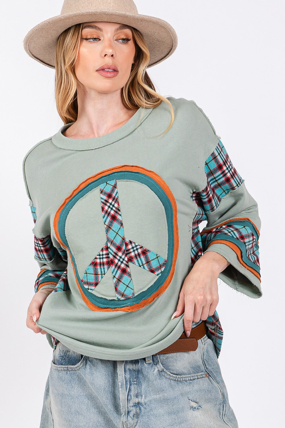 SAGE + FIG Peace Applique Patch Contrast Plaid Top - T - 1 COLOR -