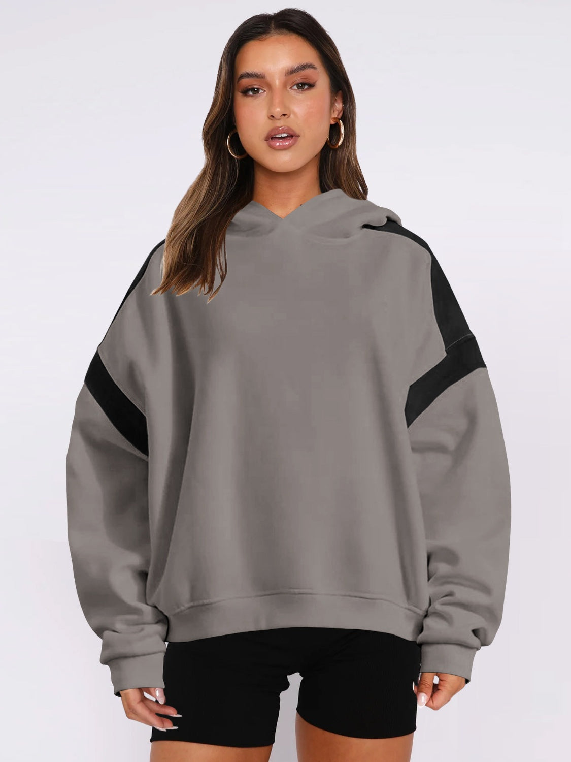 Contrast Dropped Shoulder Long Sleeve Hoodie - T - 6 COLORS -