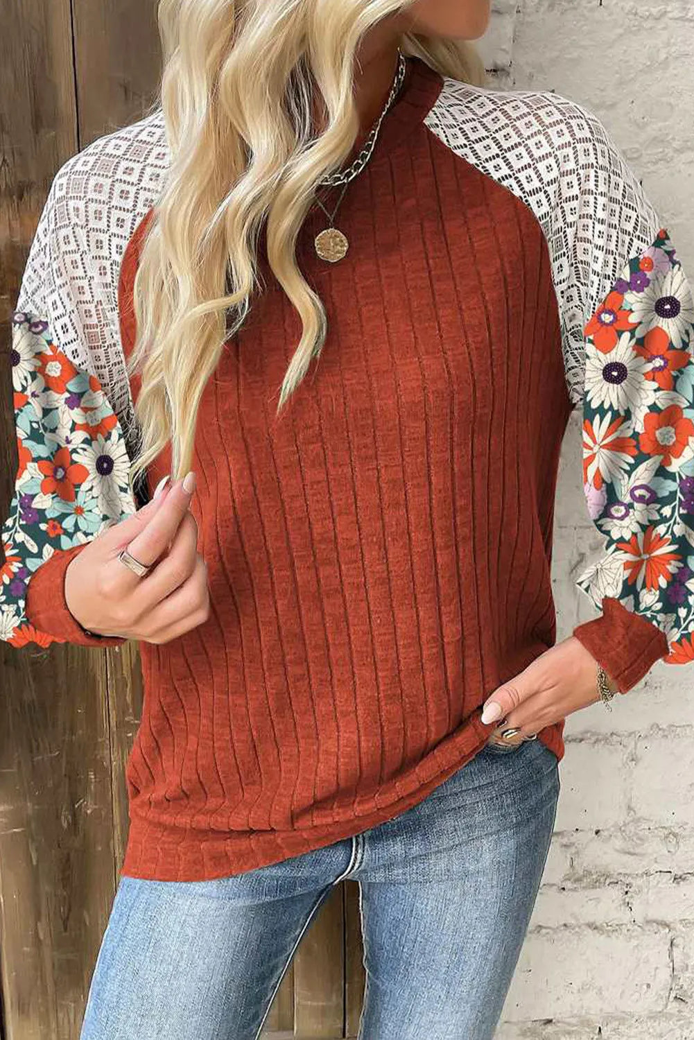 Printed Round Neck Long Sleeve Top - T - 3 COLORS -