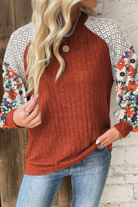 Thumbnail for Printed Round Neck Long Sleeve Top - T - 3 COLORS -