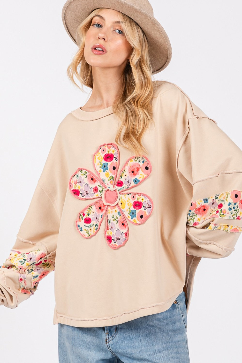 SAGE + FIG Daisy Patch Applique Long Sleeve Sweatshirt - T - 1 COLOR -