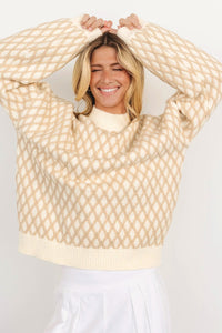 Thumbnail for Diamond Pattern Mock Neck Long Sleeve Sweater - T - 1 COLOR -