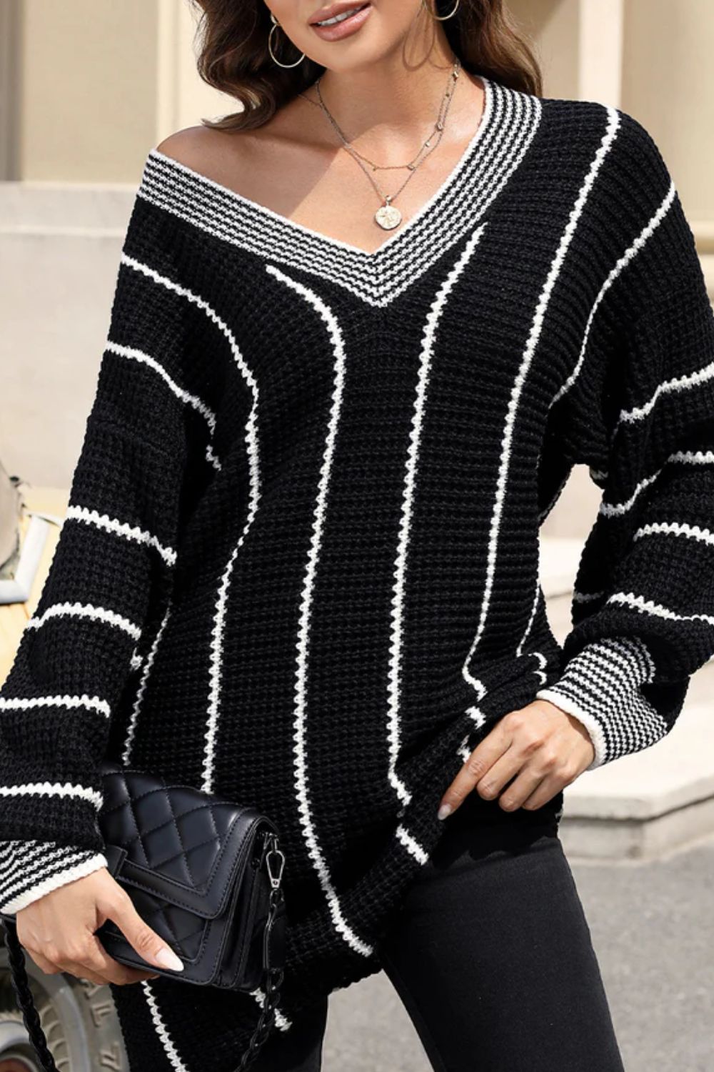 Striped V-Neck Long Sleeve Sweater - T - 1 COLOR -