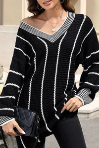 Thumbnail for Striped V-Neck Long Sleeve Sweater - T - 1 COLOR -