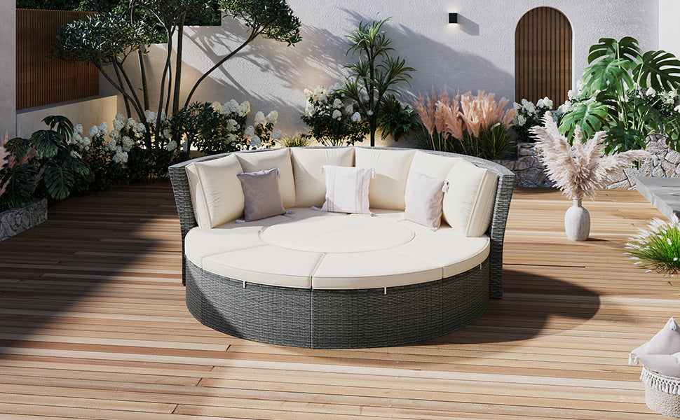 Patio 5-Piece Round Rattan Sectional Sofa Set All-Weather PE Wicker Sunbed Daybed With Round Liftable Table and Washable