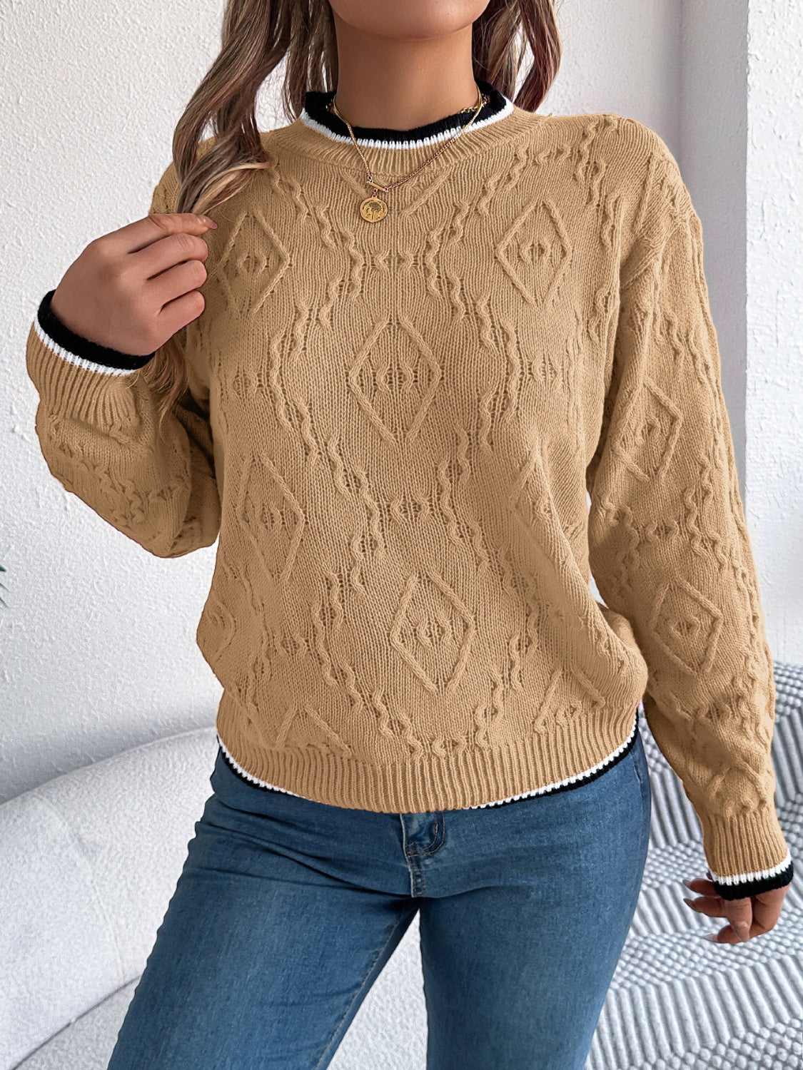 Contrast Trim Round Neck Long Sleeve Sweater - T - 3 COLORS -