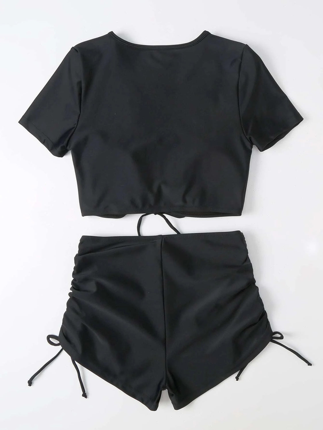 Drawstring V-Neck Short Sleeve Two-Piece Swim set - T - 1 COLOR -