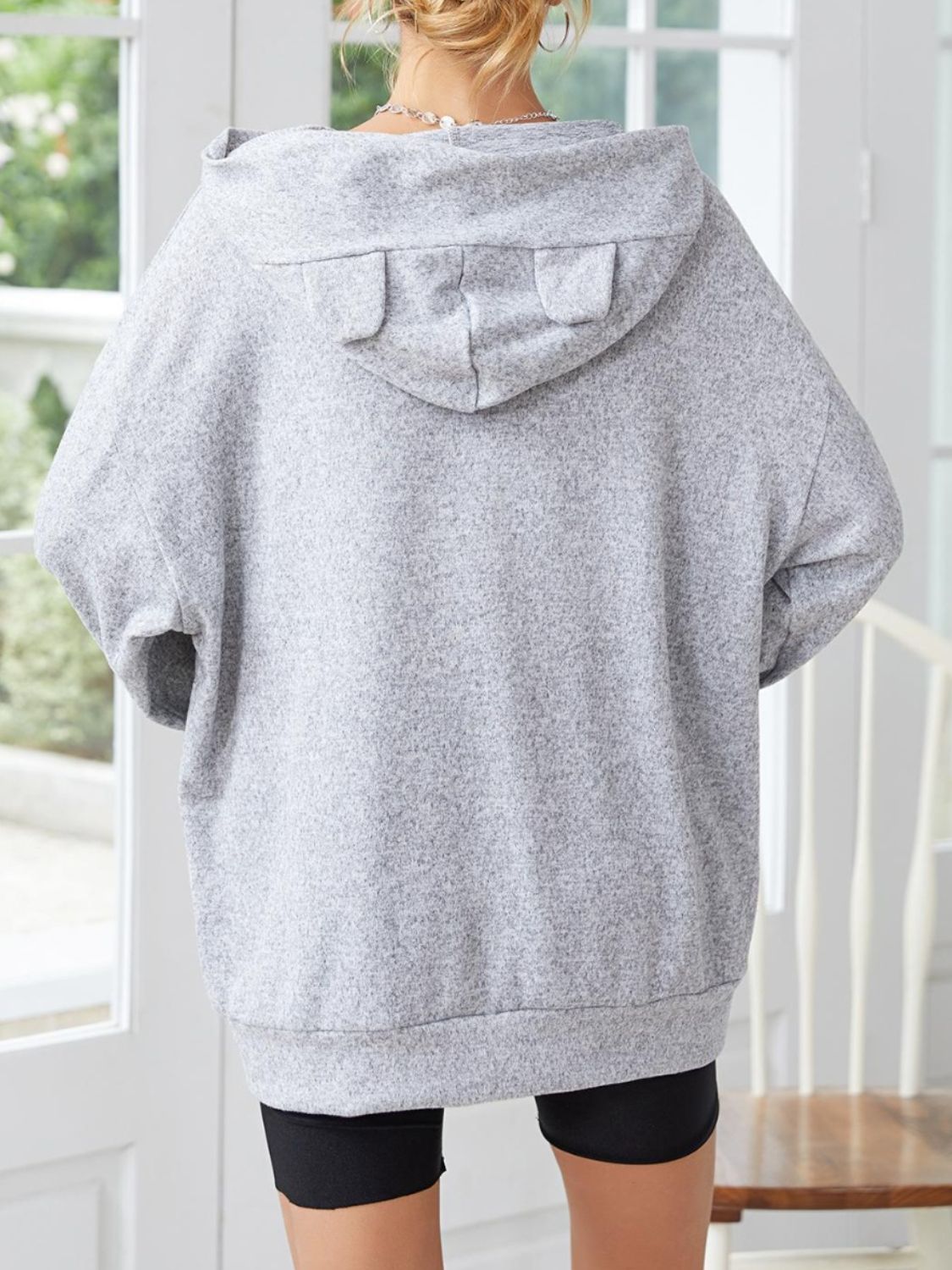 Long Sleeve Dropped Shoulder Hoodie with Ears - T - 1 COLOR -