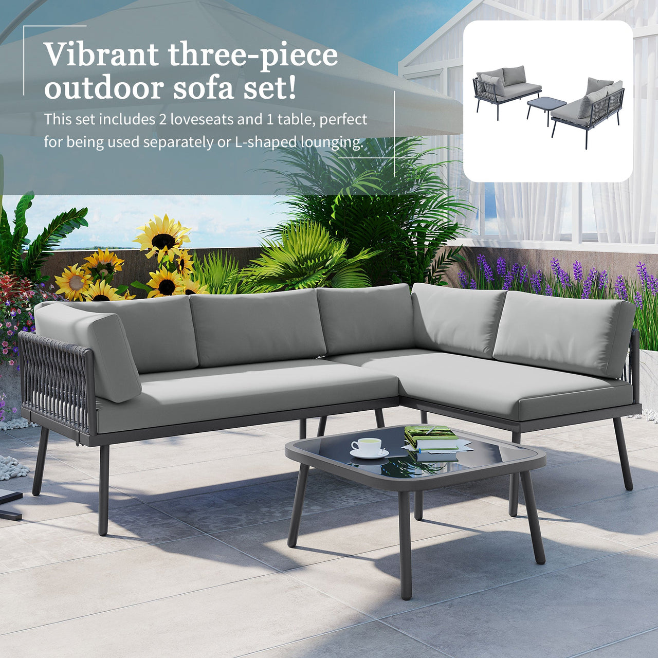 Modern Outdoor 3-Piece PE Rattan Sofa Set All Weather Patio Metal Sectional Furniture Set With Cushions and Glass Table