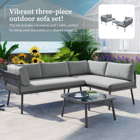 Thumbnail for Modern Outdoor 3-Piece PE Rattan Sofa Set All Weather Patio Metal Sectional Furniture Set With Cushions and Glass Table