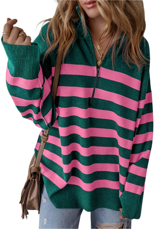 Contrast Striped Quarter Zip Long Sleeve Sweater - T - 1 COLOR -