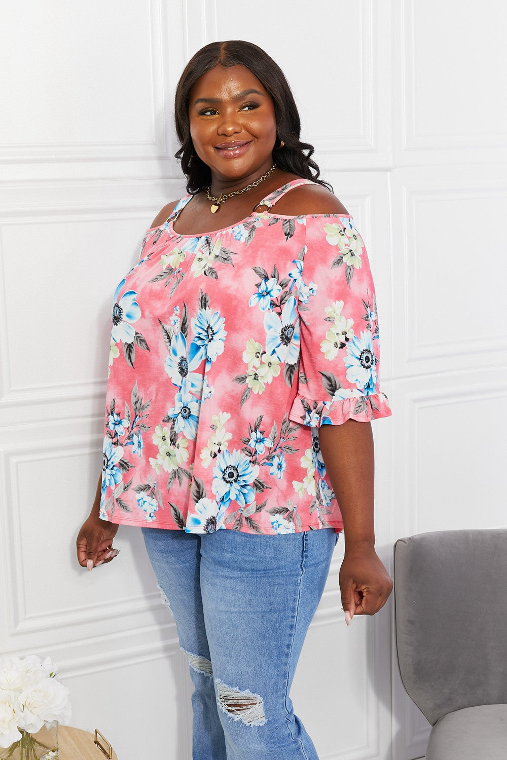 Sew In Love Full Size Fresh Take  Floral Cold-Shoulder Top - SIZES S THRU 3XL - T - 1 COLOR -