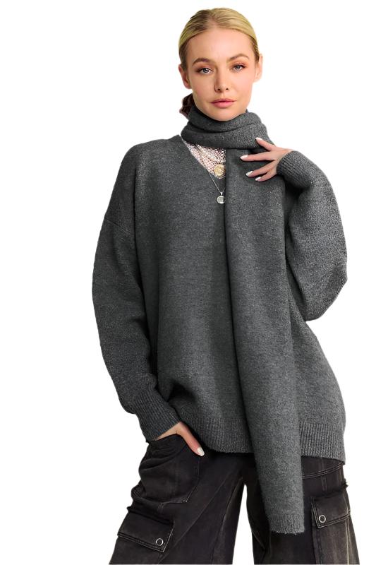 Davi & Dani V-Neck Dropped Shoulder Sweater with Scarf Set - 2 PCS. - T - 1 COLOR -