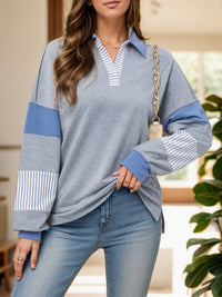 Thumbnail for Slit Striped Johnny Collar Long Sleeve Top - T - 1 COLOR -