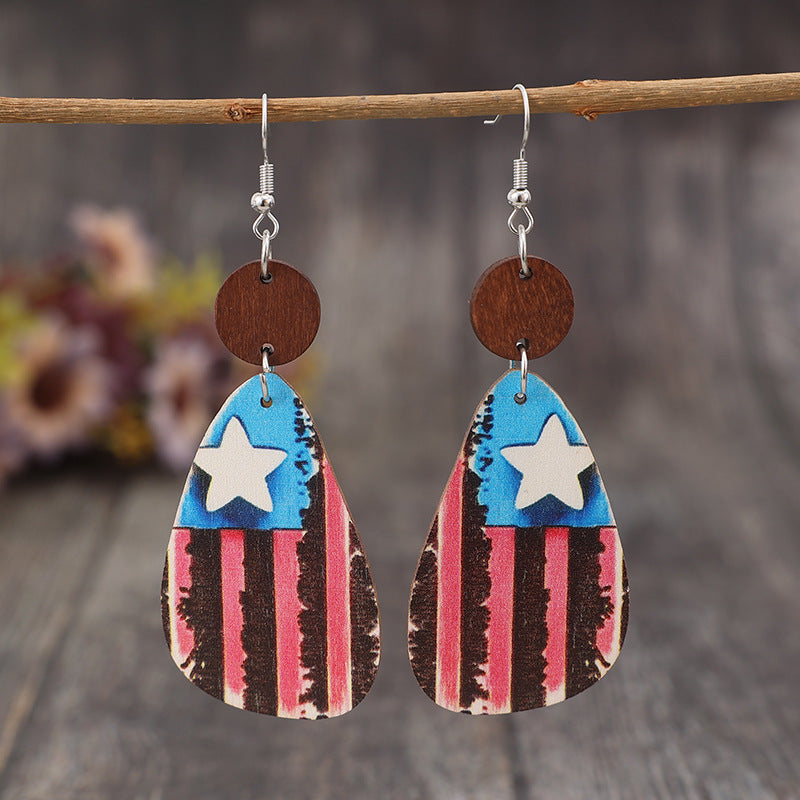 US Star & Stripes Wooden Dangle Earrings - T -