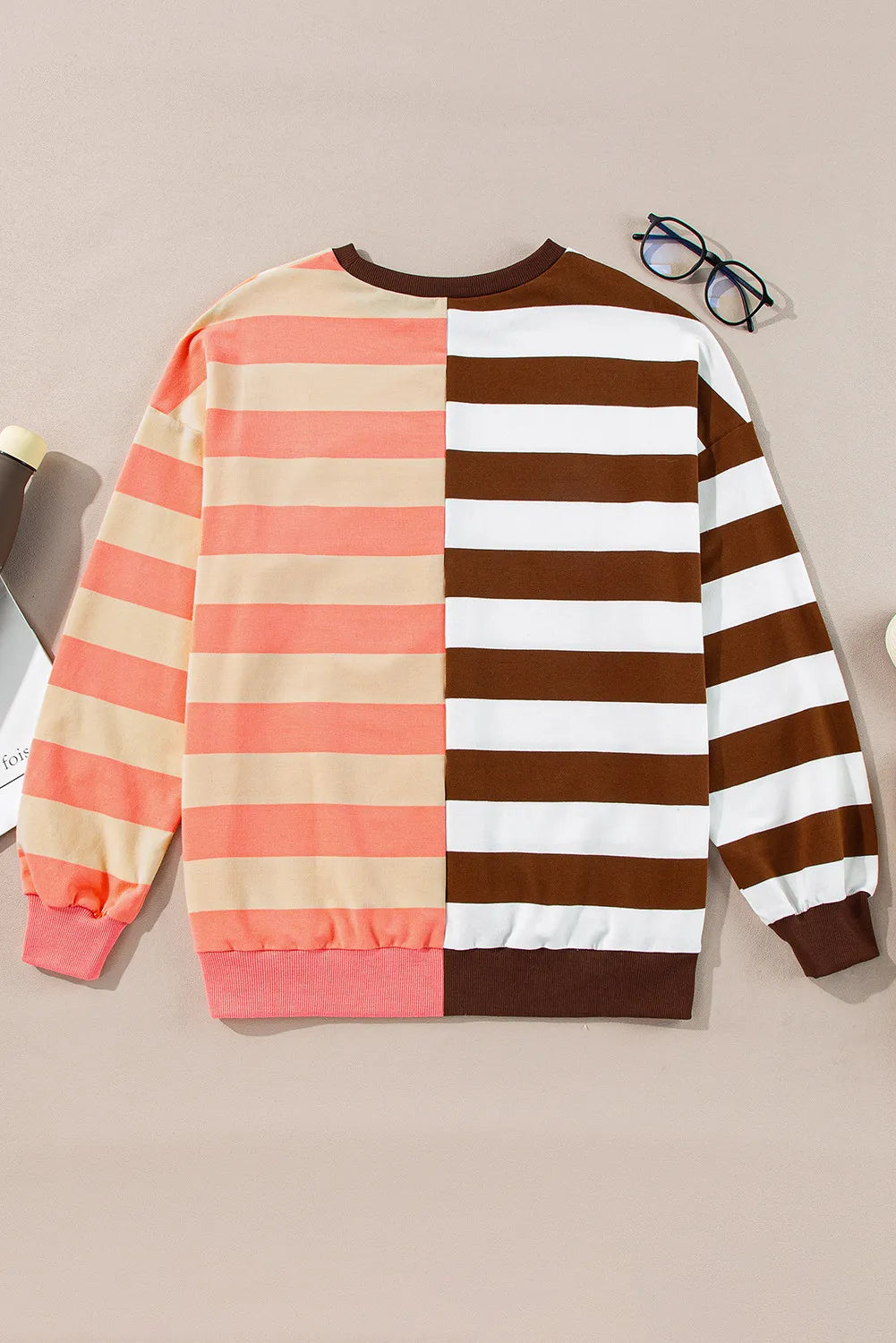 Striped Round Neck Long Sleeve Sweatshirt - T - 1 COLOR -