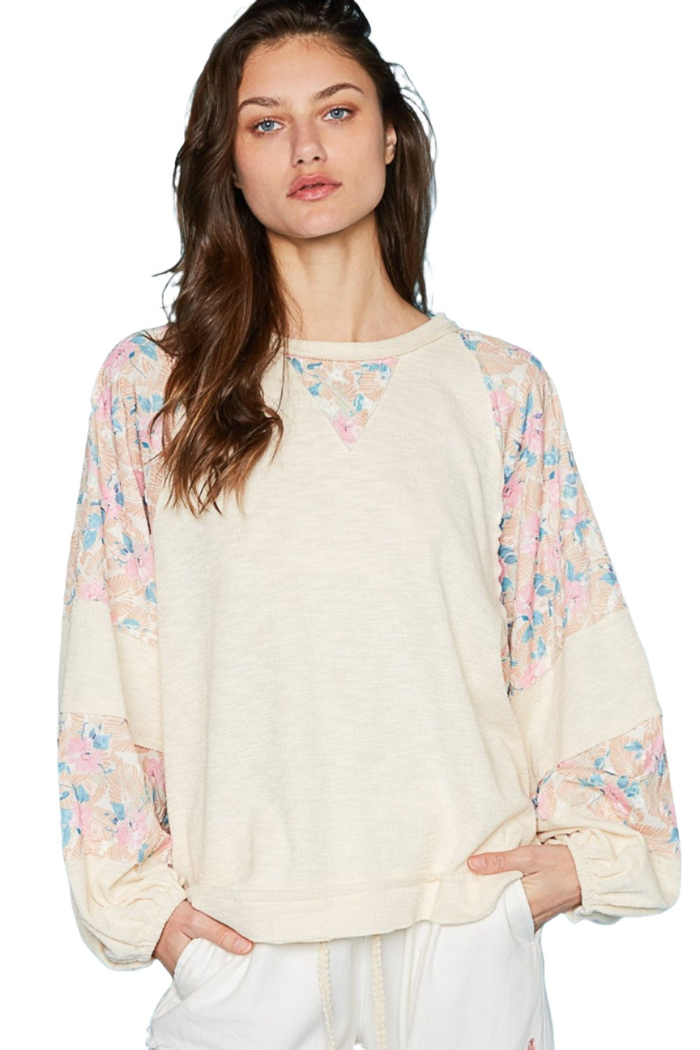 POL Round Neck Balloon Floral Long Sleeve Top - T - 1 COLOR -