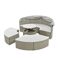 Thumbnail for Patio Furniture Round Outdoor Sectional Sofa Set Rattan Daybed Two-Tone Weave Sunbed With Retractable Canopy, Separate S