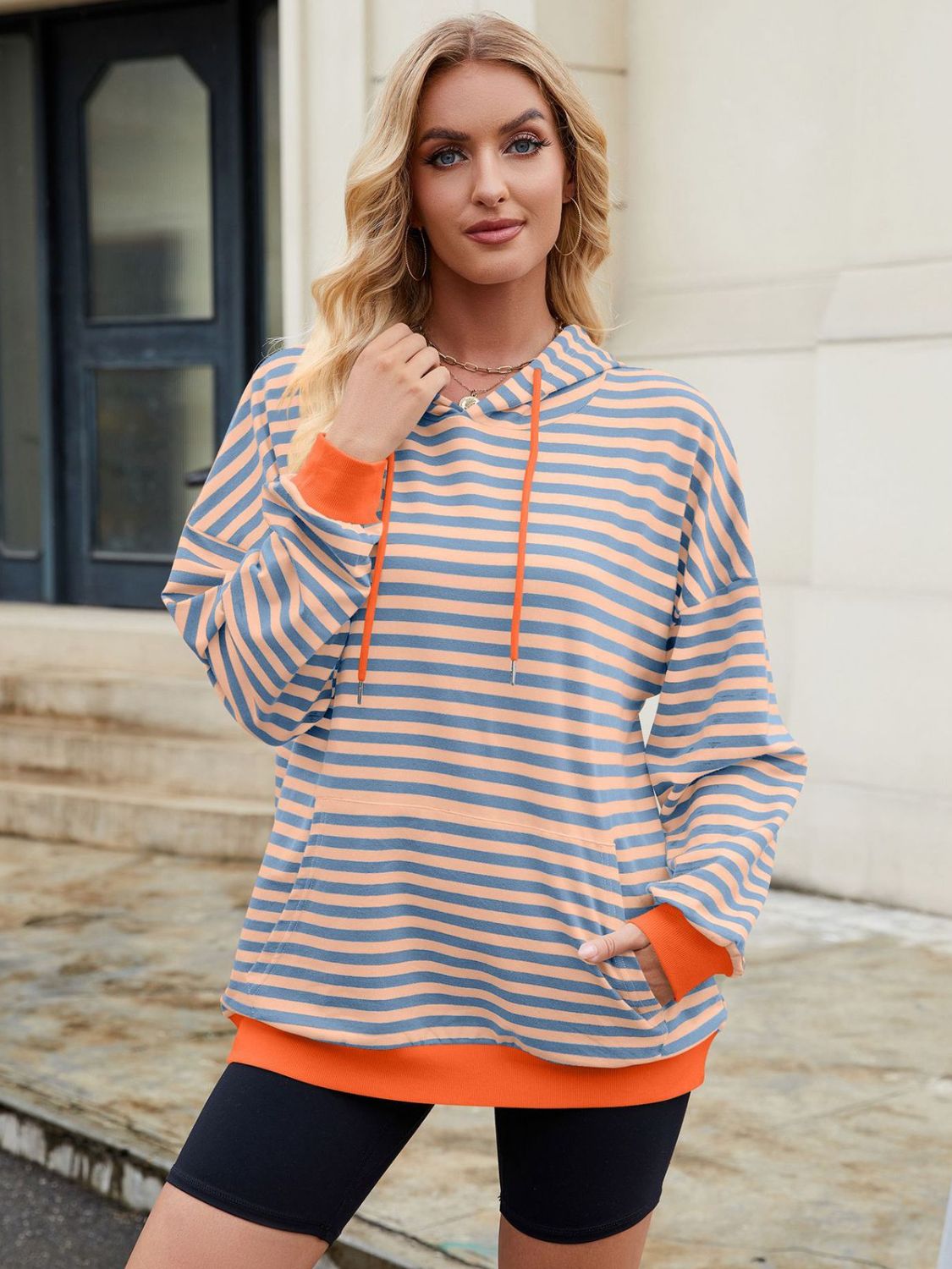 Drawstring Contrast Striped Long Sleeve Hoodie - T - 5 COLORS -