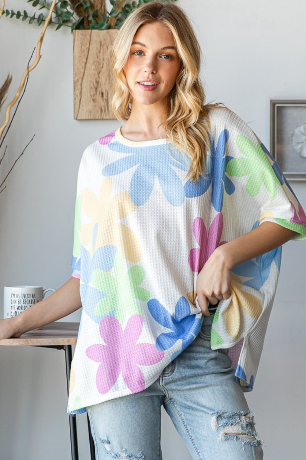 HOPELY Floral Round Neck Waffle T-Shirt - T - 1 COLOR -