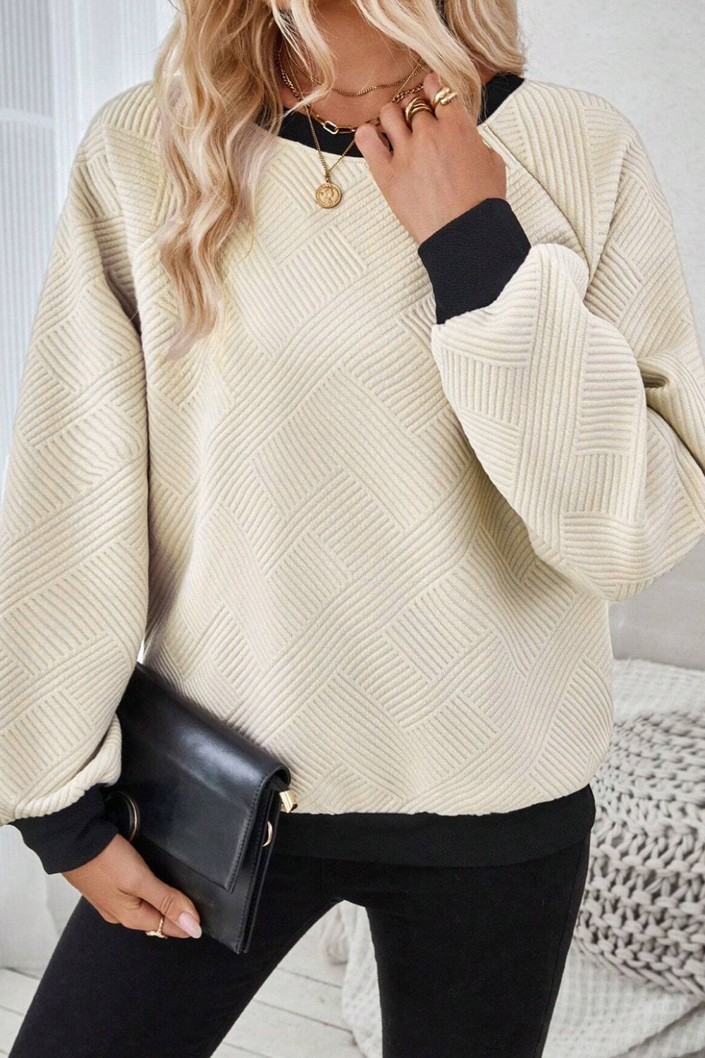 Texture Contrast Long Sleeve Sweatshirt - T - 1 COLOR -