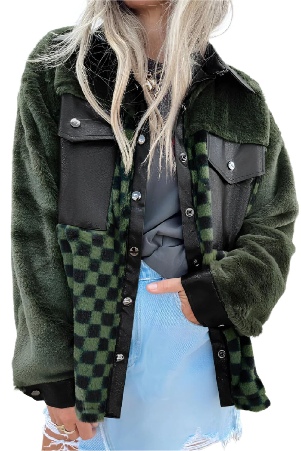 Pocketed Checkered Collared Neck Snap Down Jacket - T - 1 COLOR -